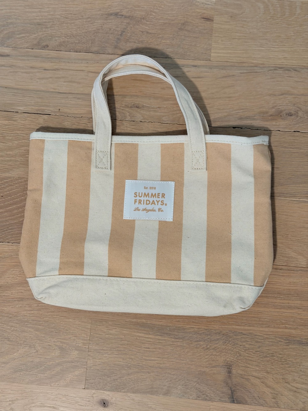 Summer Fridays Beige and White Striped Canvas Tote